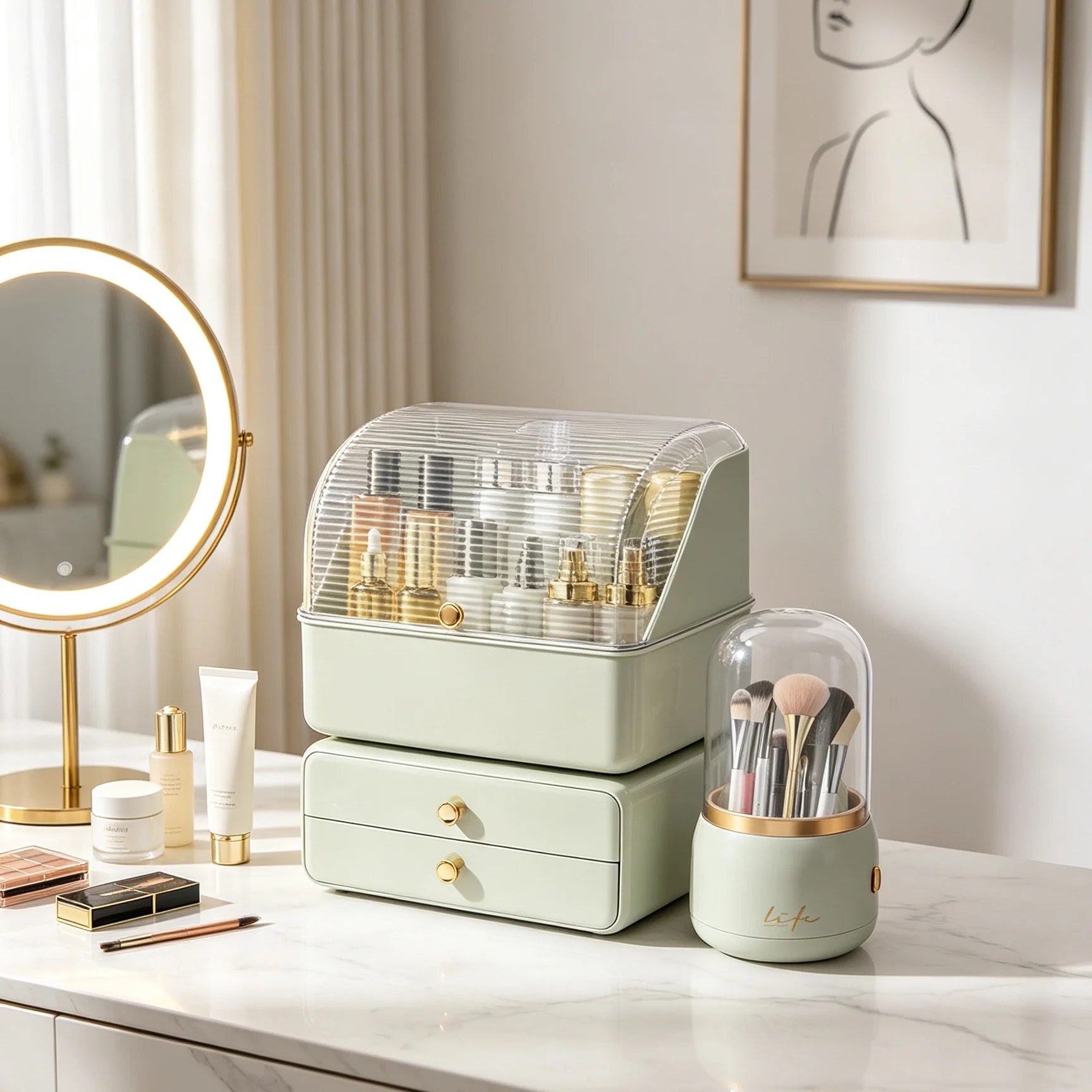 2‑Pcs Cosmetic Storage Box Makeup Organizer Desktop Floor Placement With Makeup Brush Holder Dust‑Proof No Assembly Needed