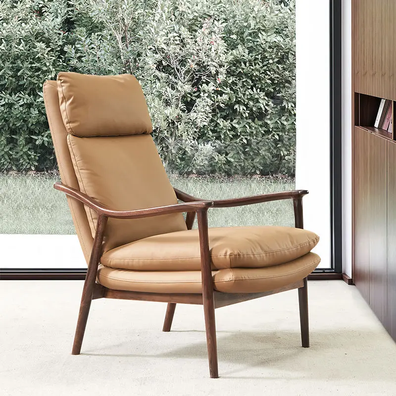 

Black walnut single sofa chair, modern simplicity and light luxury, leather armchair, living room solid wood, leisure chair
