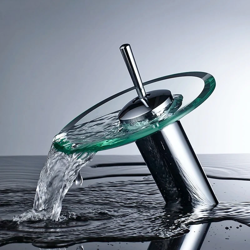 

Красочный стеклянный водопад, смеситель для раковины в ванной комнате, хромированный смеситель для раковины, однорычажный круглый смеситель на палубе