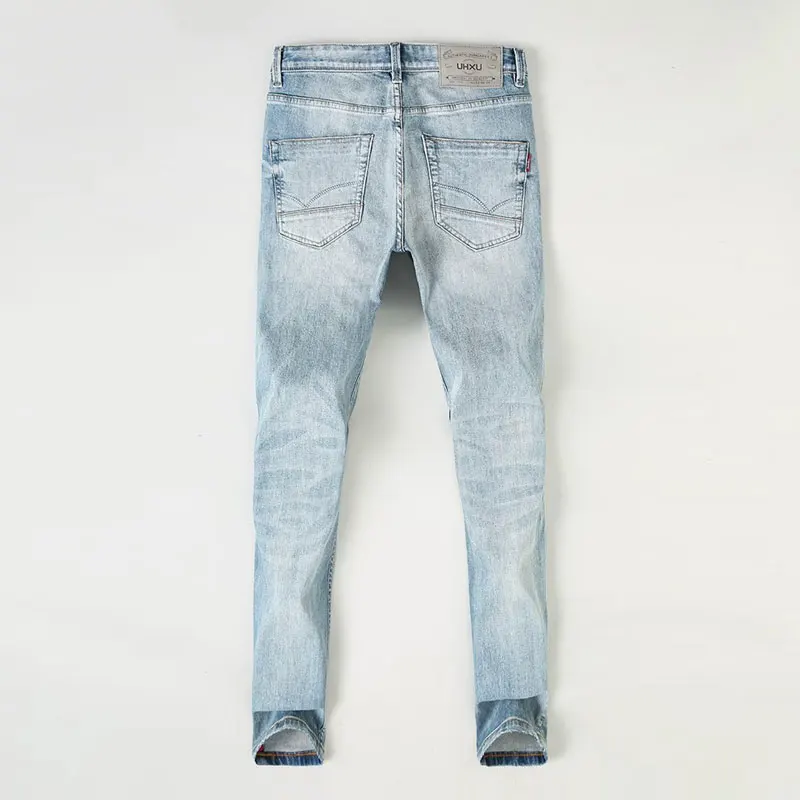 Men's Slim Fit Stretch Jeans Designer Fashion Nostalgic Embroidered Retro Washed Light Blue Casual Italian Pants