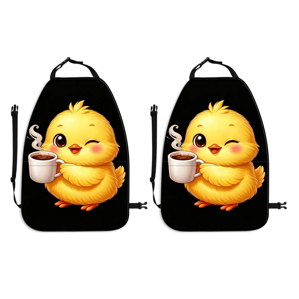 2pcs Cute Cartoon Little Yellow Chicken Print Car Seat Backrest Cover With Storage Bag, Back Seat Protection Kick Pad, Universal