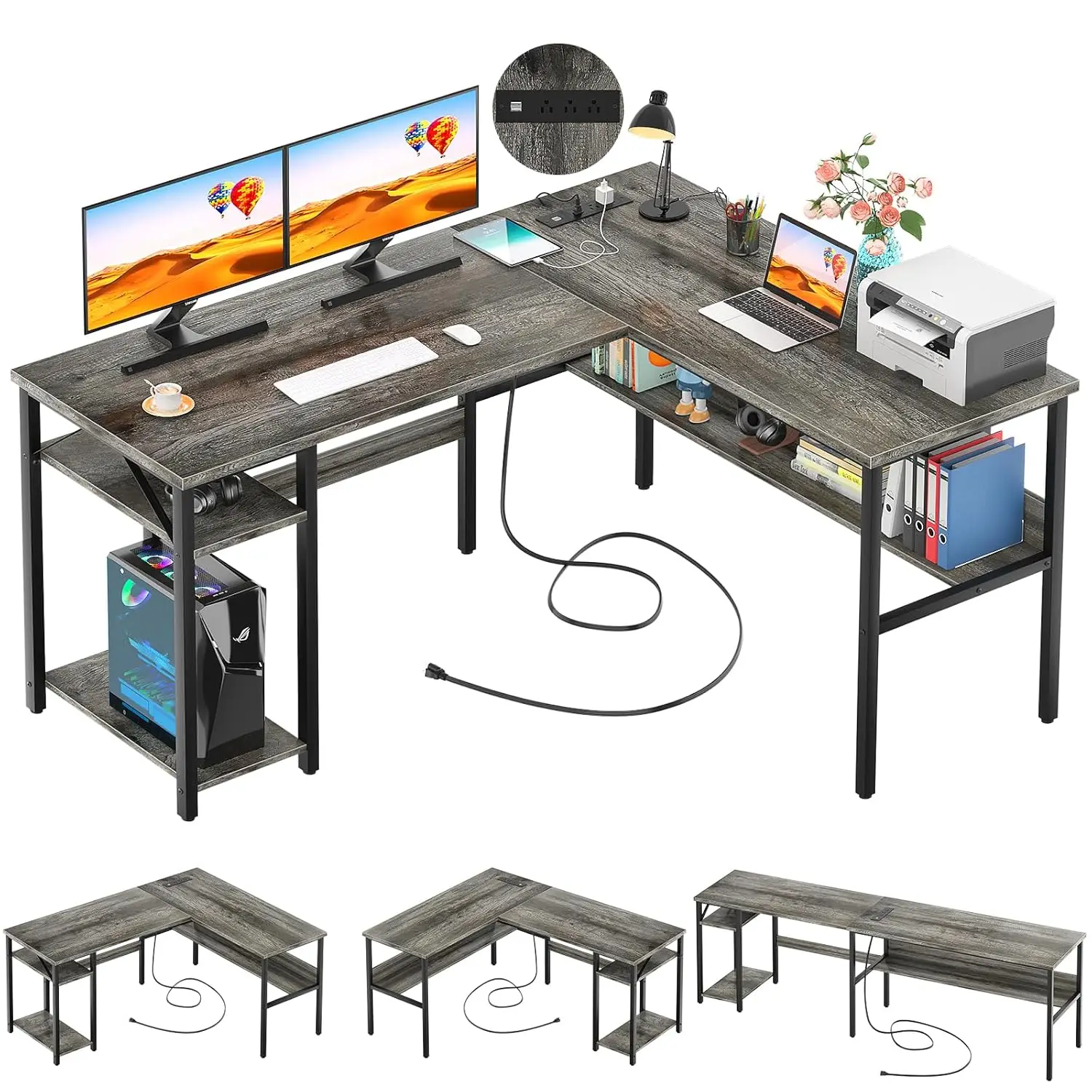 

Reversible L Shaped Desk with Magic Power Outlets and USB Charging Ports, Sturdy Corner Computer Desk with Storage, Customized