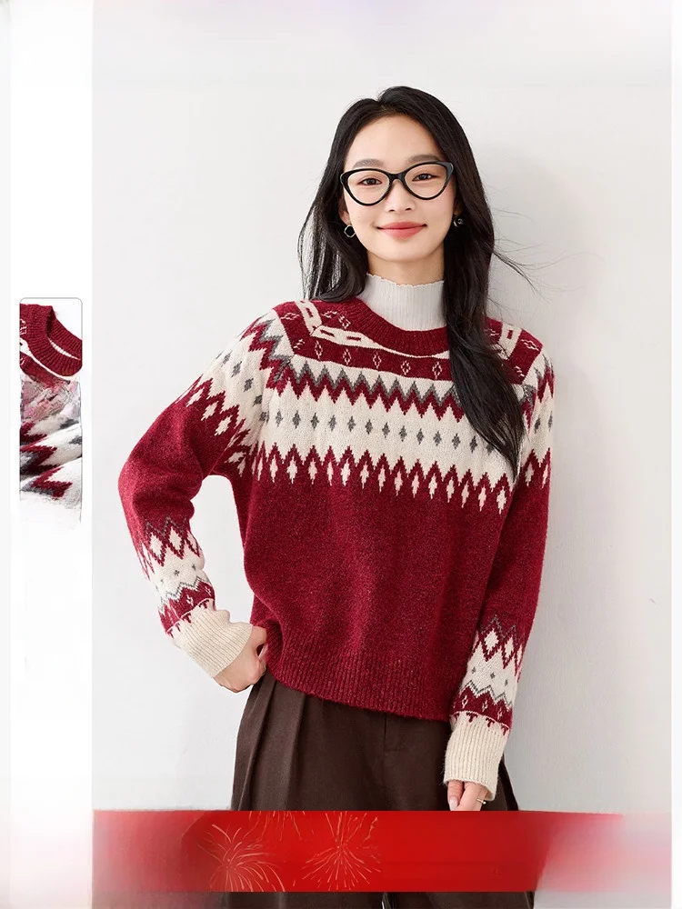 

Red Thi Knitted Wool Blend Loose Fit Women's Sweater Autumn Winter Season Faion l Sle V-Ne Long Sve Top