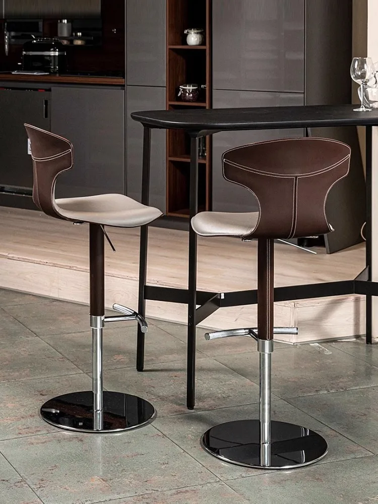 Italian Light Luxury Bar Stool Modern Simple Home Saddle Leather Bar Chair Spinning Lift High Stool Front Desk Bar Stool