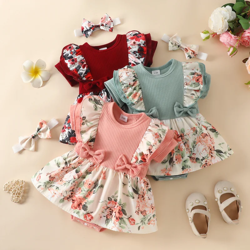 

Baby Girl 2Pcs Dress Set Floral Romper Lotus Design Fly Sleeve Summer Ribbed Jumpsuit with Headband Children Clothes 0-18 Months