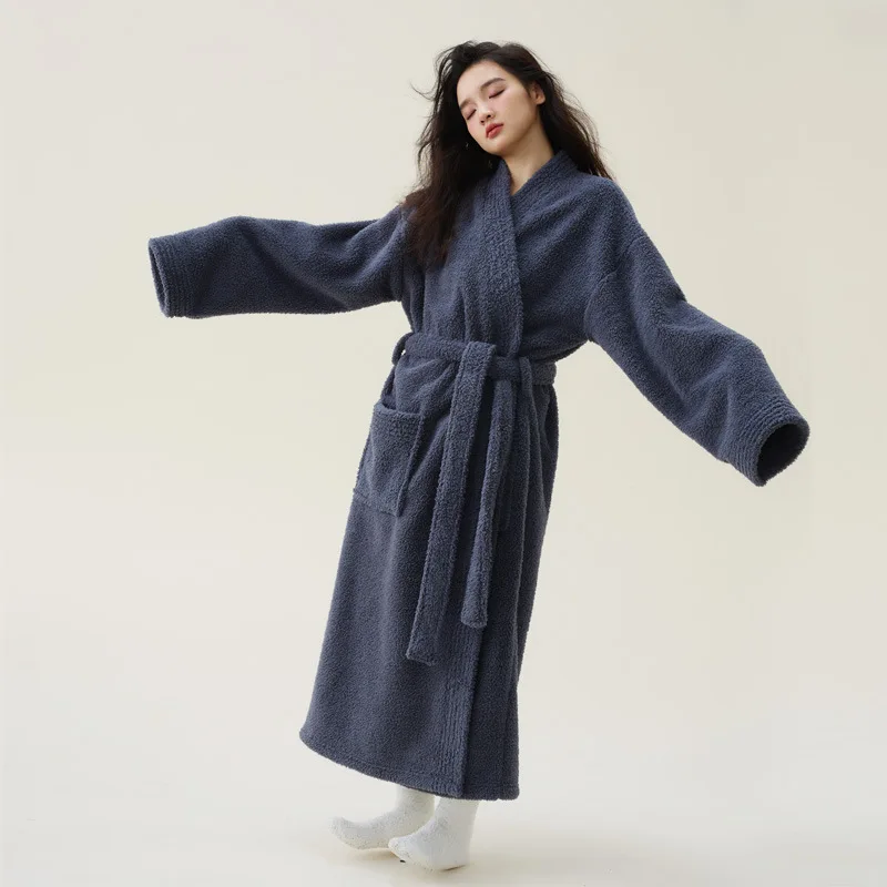 Long Shower Robe Lady Warm Coral Fleece Nightgown Long Loose Kimono Intimate Lingerie Couple Winter New Sleepwear with Pocket