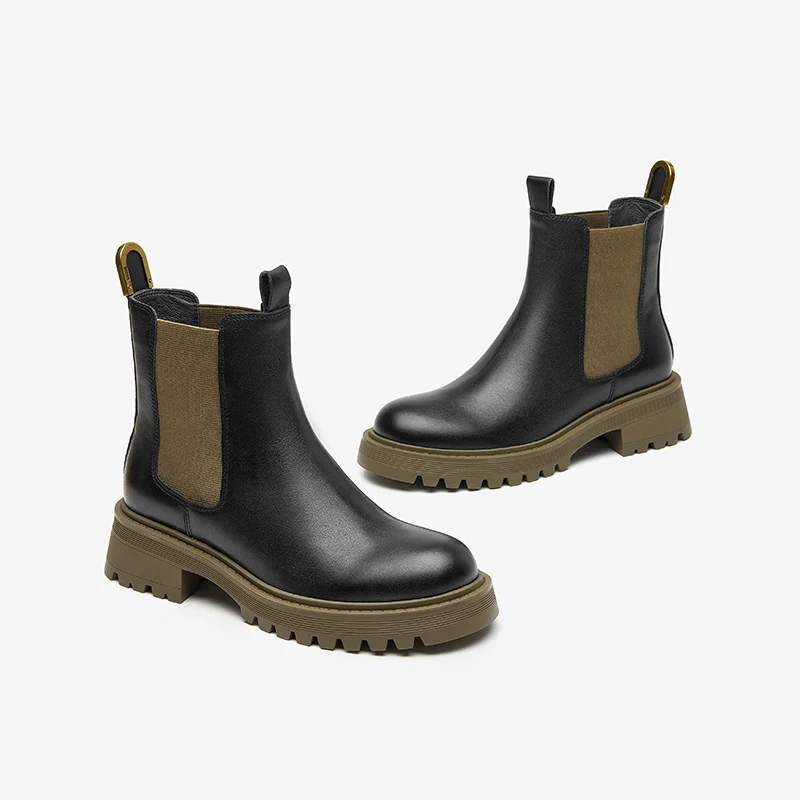 BeauToday Chelsea Boots platforma kobiety oryginalna skóra cielęca okrągły nosek gumką gruba podeszwa panie buty do kostki Handmade 04064