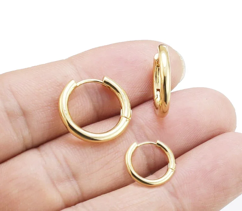 6pcs Round Earring Hoops, Minimalist Earrings, Second Hole Earrings, Stacking Huggie Hoops, 10mm 13mm, Real Gold Plated - GH209