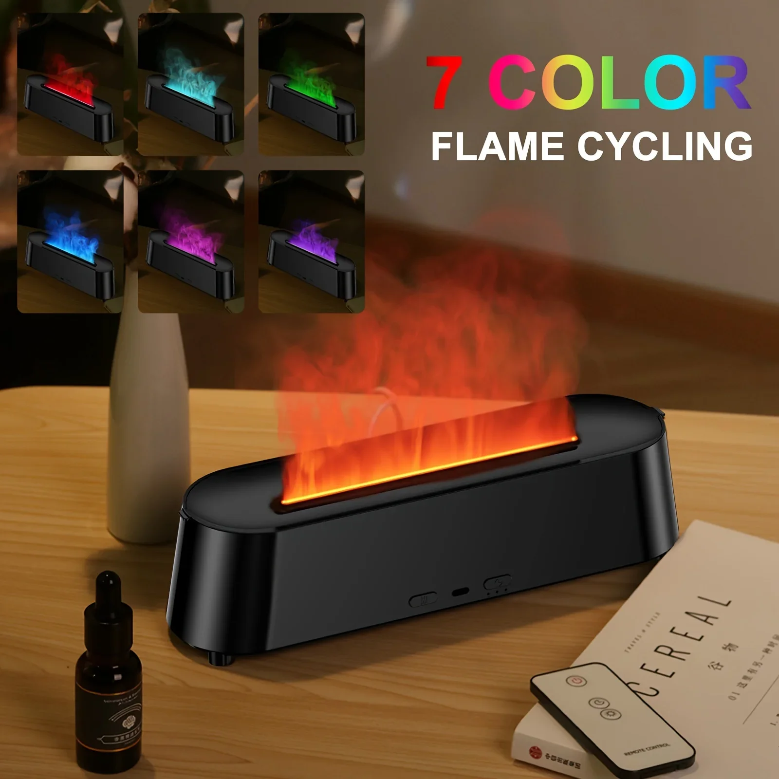 Quiet 6.76oz 7-Color LED Mood Simulation Flame Light Humidifier, Aromatherapy Diffuser With Timer, Auto Shut-Off, One Piece