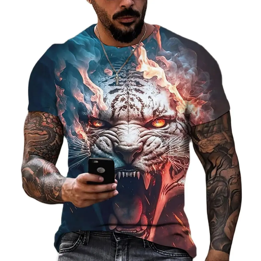 Tiger Fighting Animal Beast Fierce Lion/leopard Print 3D T-shirt Men\'s Short Sleeve Tops Oversized Tees Shirt Men Design Clothes