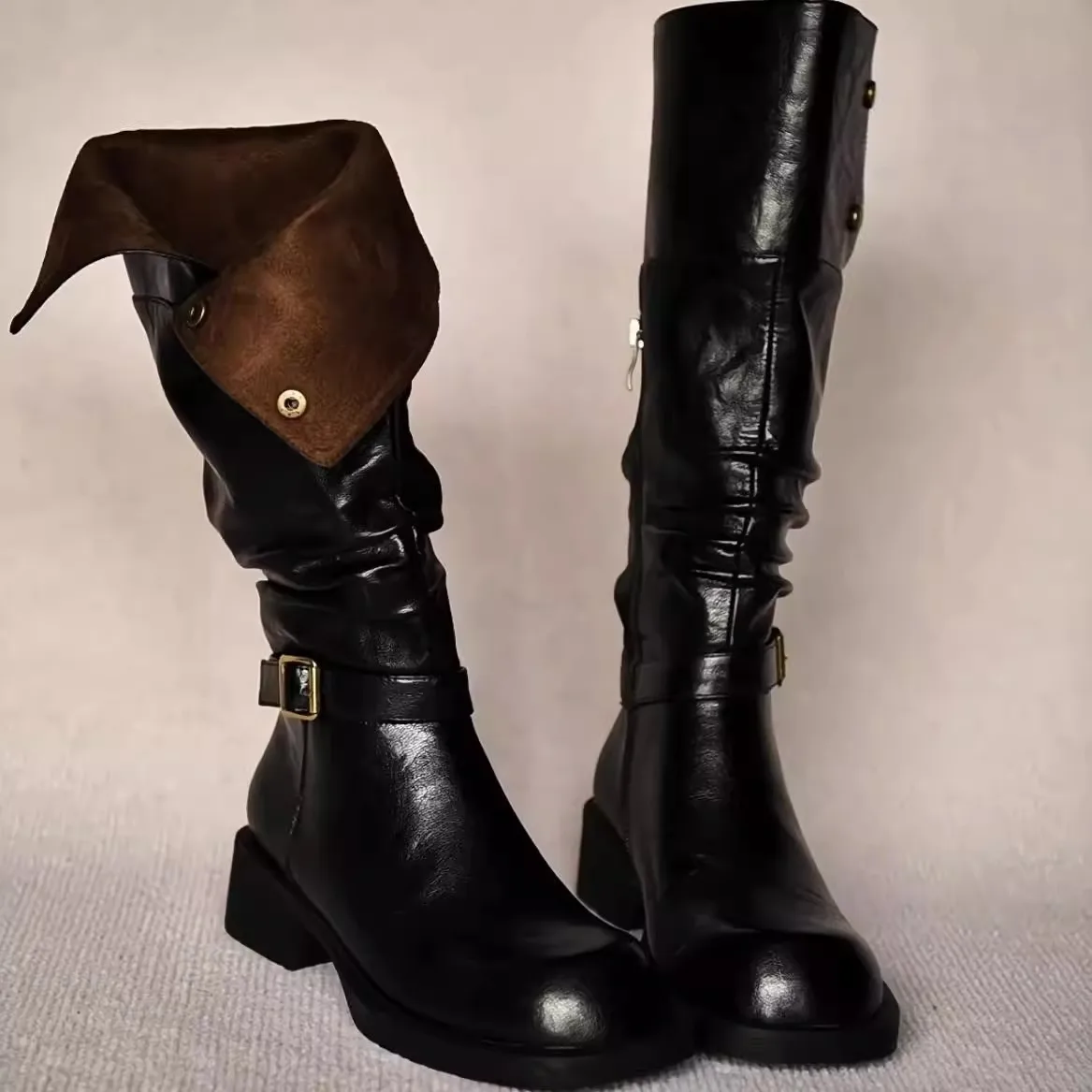 Winter Thick Bottom Fashion Boots Retro Double-Sided Wear High-Tube Belt Buckle Knight Boots Long Boots Calfskin Leather