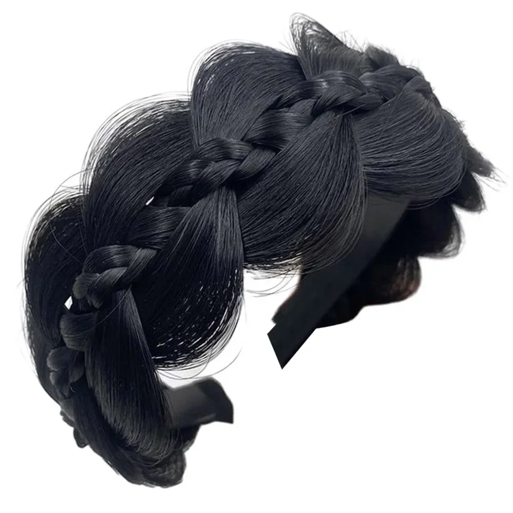 Women Synthetic Braided Sauna Headband Wig Fishbone Wide Braids Hairbands Retro Handmade Head Hoop Sauna Clothing Accessories