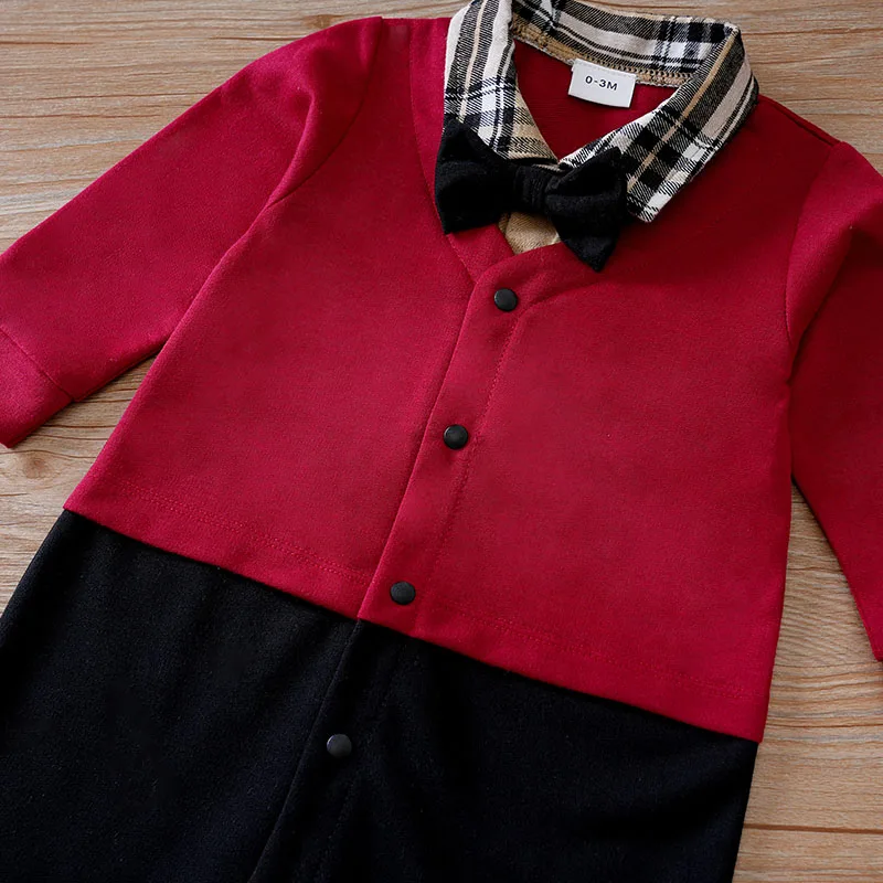 Baby Boys Gentleman red bow tie Clothing Spring and Autumn Children One-Piece  long sleeves Jacket 0-2 years old Rompers