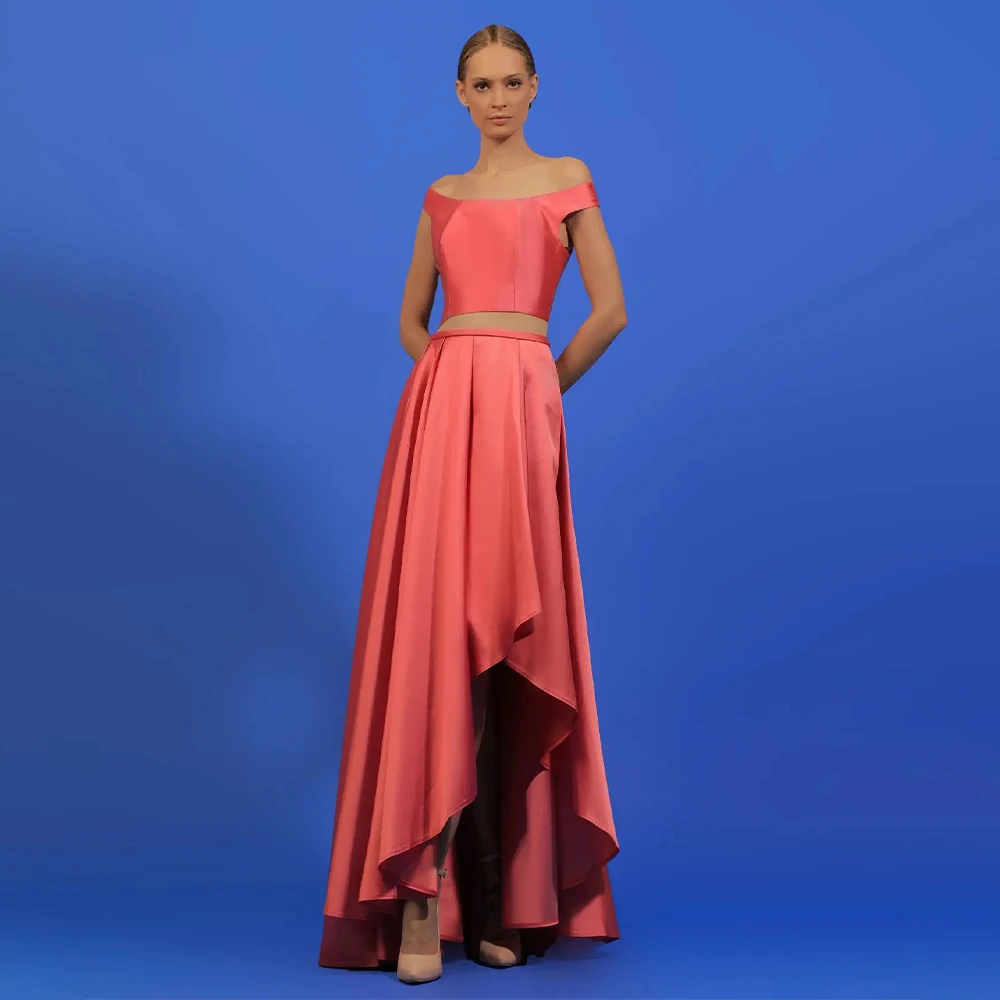 

Crop-Top Prom Dress Asymmetrical A Line Off the Shoulder Watermelon Prom Gowns Satin High-Low Floor Length Formal Party Dresses