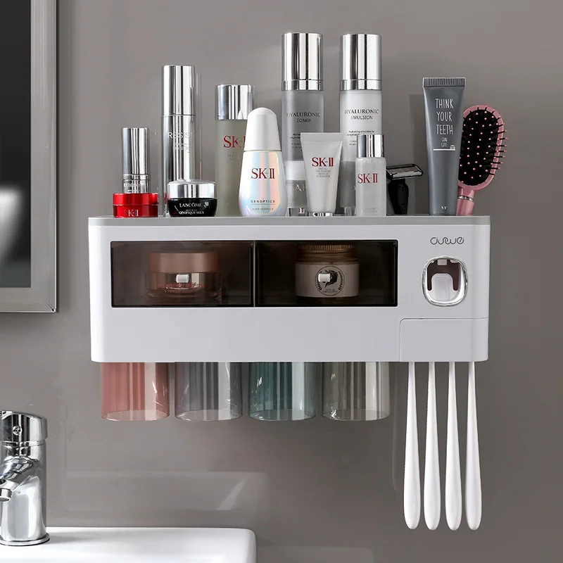 Wall Mounted Toothbrush Holder Washing Set Household Multipurpose Single Drawer Storage Shelf with Toothpaste Squeezer