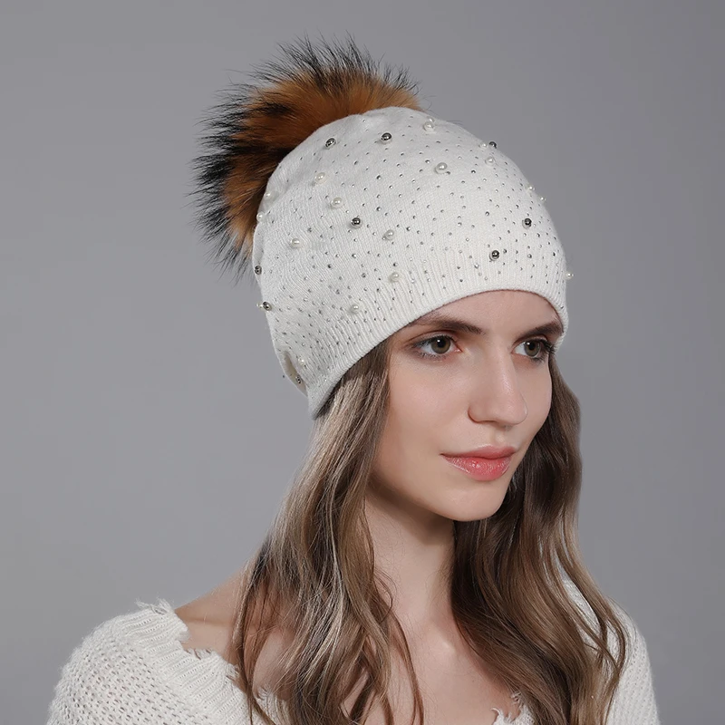 CNTANG Decorate Pearl Women Beanie Knitted Wool Hats Fashion Natural Raccoon Fur Pompom Hat Autumn Winter Warm Casual Ladies Cap