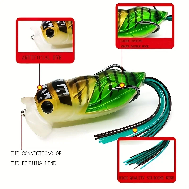 1pcs Bionic Fishing Popper Lure - Soft Silicone Cicada Bait with Double Hooks for Freshwater & Saltwater 6.5cm/12.5g