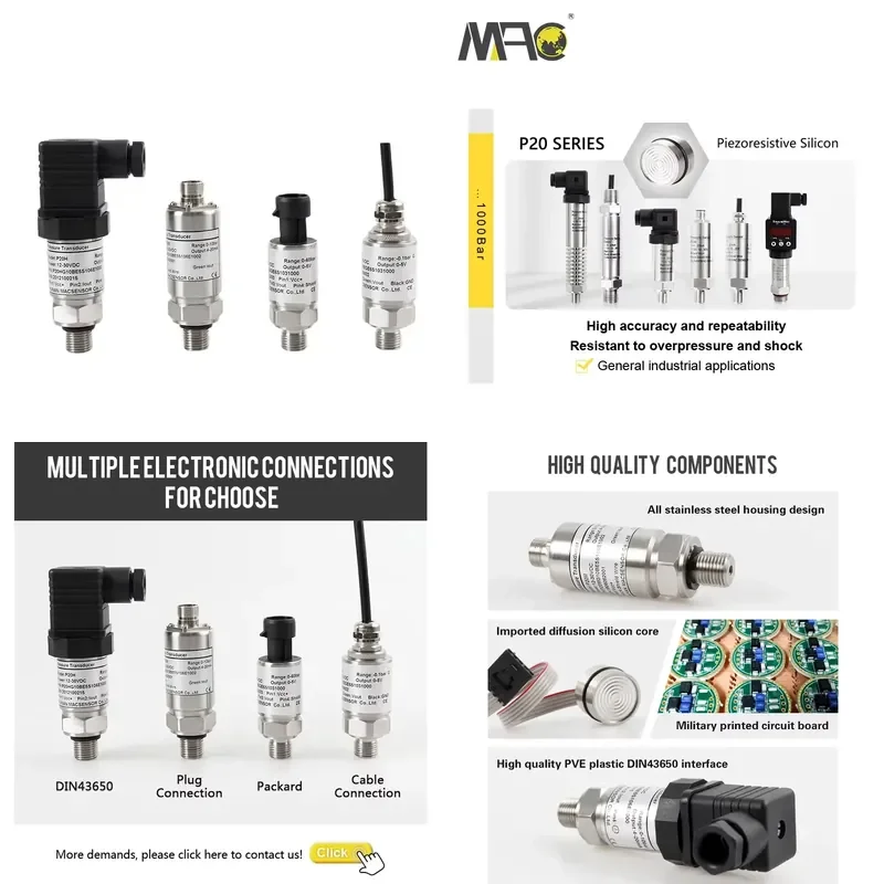

Macsensor Air Water Pressure Transmitter 4-20mA 0-0.1Bar to 1000Bar Stainless Steel Industrial Sensor ±0.5%FS Accuracy