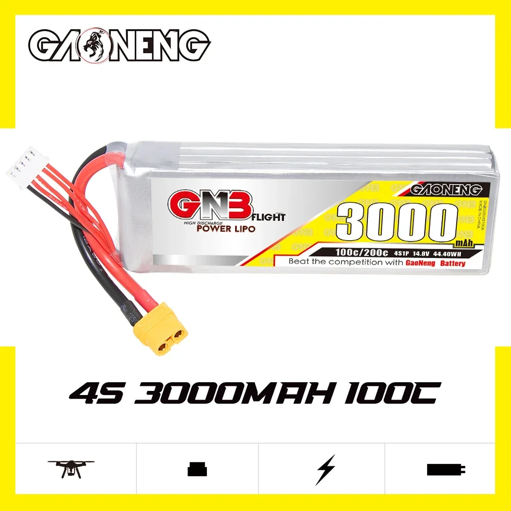 

GAONENG GNB 3000mAh 4S 100C 200C 14.8V XT60 LiPo Battery 1/10 Scale RC Hobby Models 300mm to 360mm 7 inches FPV Drone RC Boat