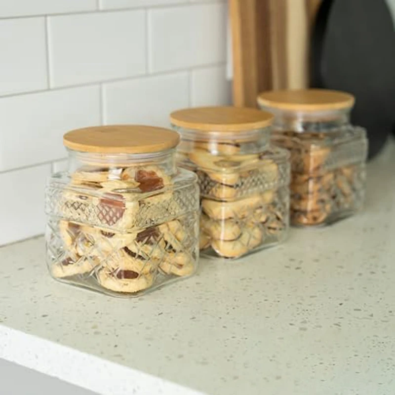 2 PCS Square Glass Jars Coffee Pasta Sugar Tea Snack Nuts Cookie Jar Kitchen Decor