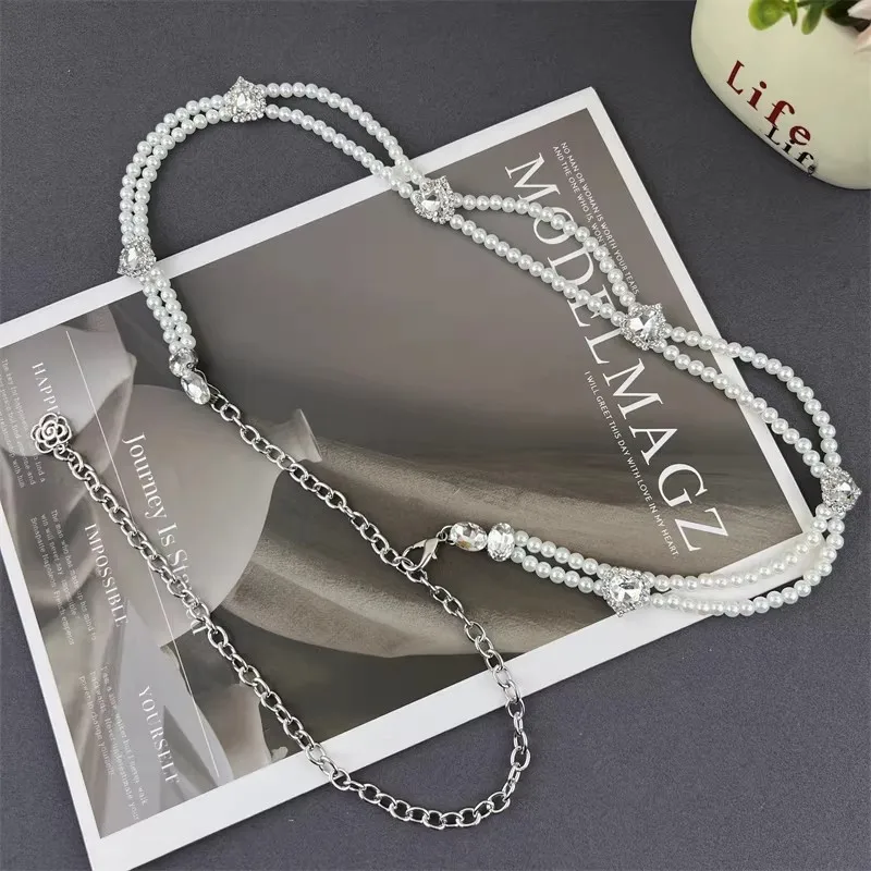 Women's Vintage Pearl Chain Corset Female Cummerbund Coat Waistband Dress Decration Narrow Belt J1744