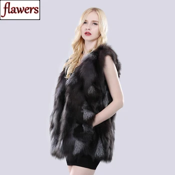 New Style Women Winter Long 100% Genuine Silver Fox Fur Vest Natural Soft Fox Fur Gilet Lady Warm Real Fox Fur Sleeveless Jacket