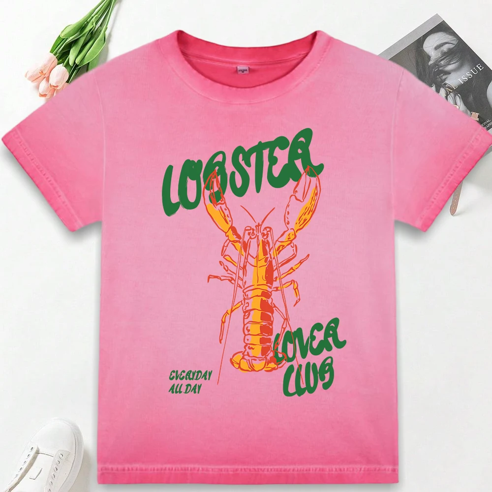 

Creative Crayfish Club Print Washed T-Shirt Women Summer Dyeing Tops Cotton All-Match T-Shirt Woman Y2K Casual Sportswear