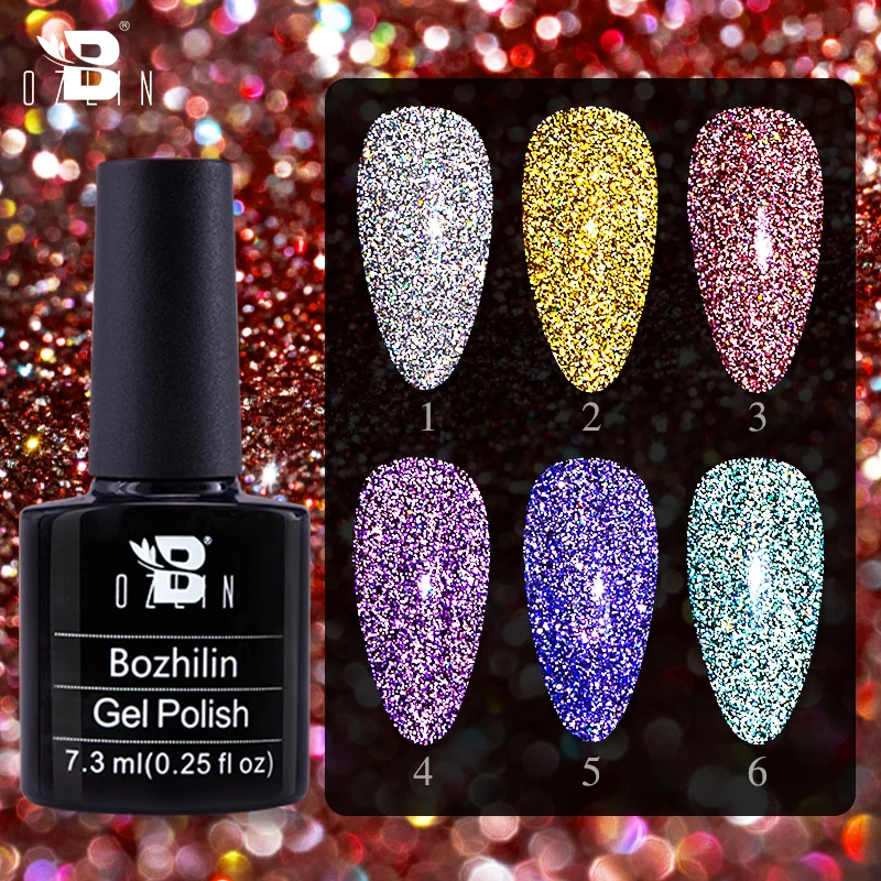 BOZLIN 7.3ml odblaskowy kolorowy brokat laserowy żelowy lakier do paznokci efekt musujące Vernish Semi permanentny żel UV Hybird Nail Art