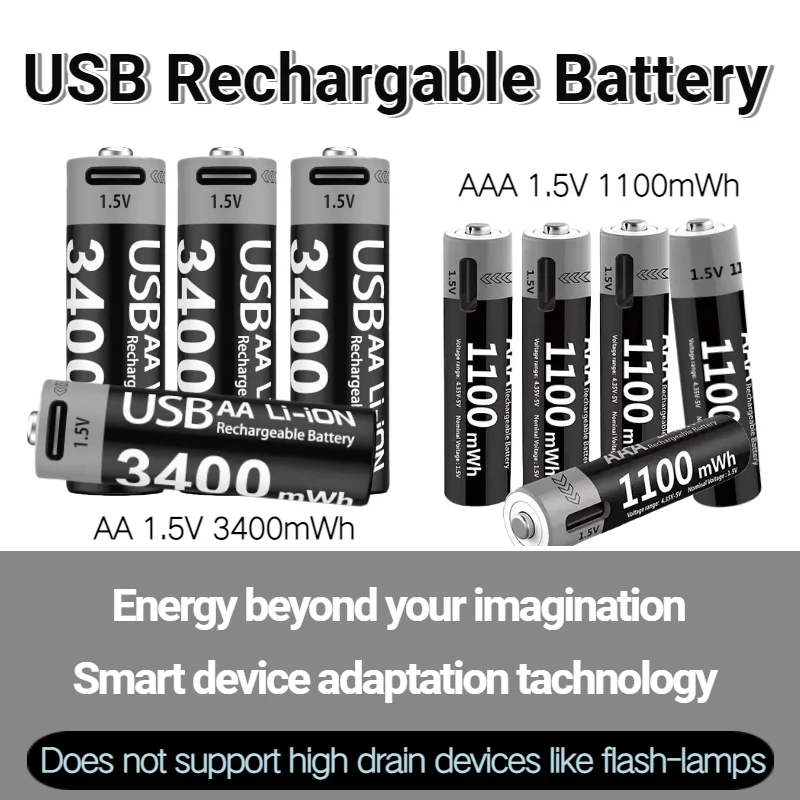 

1.5V AAA AA Rechargeable Batteries USB Lithium-Ion 3400mWh Battery 1100mWh Battery Fast Charging Power Pack for Electronics