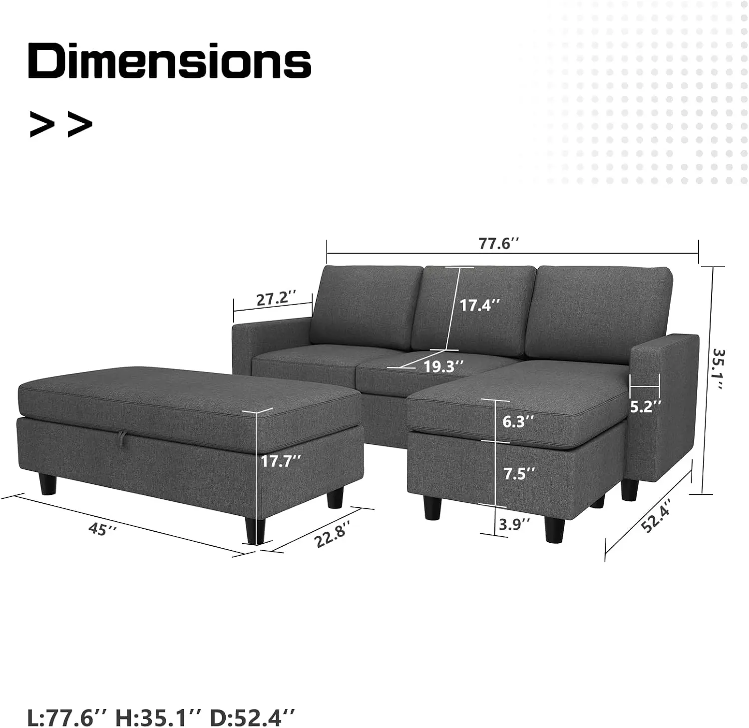 HONBAY Reversible Sectional Couch with Ottoman L-Shaped Sofa for Small Spaces Sectional Sofa with Chaise in Dark Grey