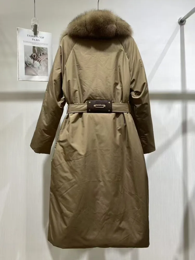 ZMEENNA Women's Elegant Winter Down Coat With Large Faux Fur Collar And Belted Waist Long Puffer Jacket Chic ZM3793