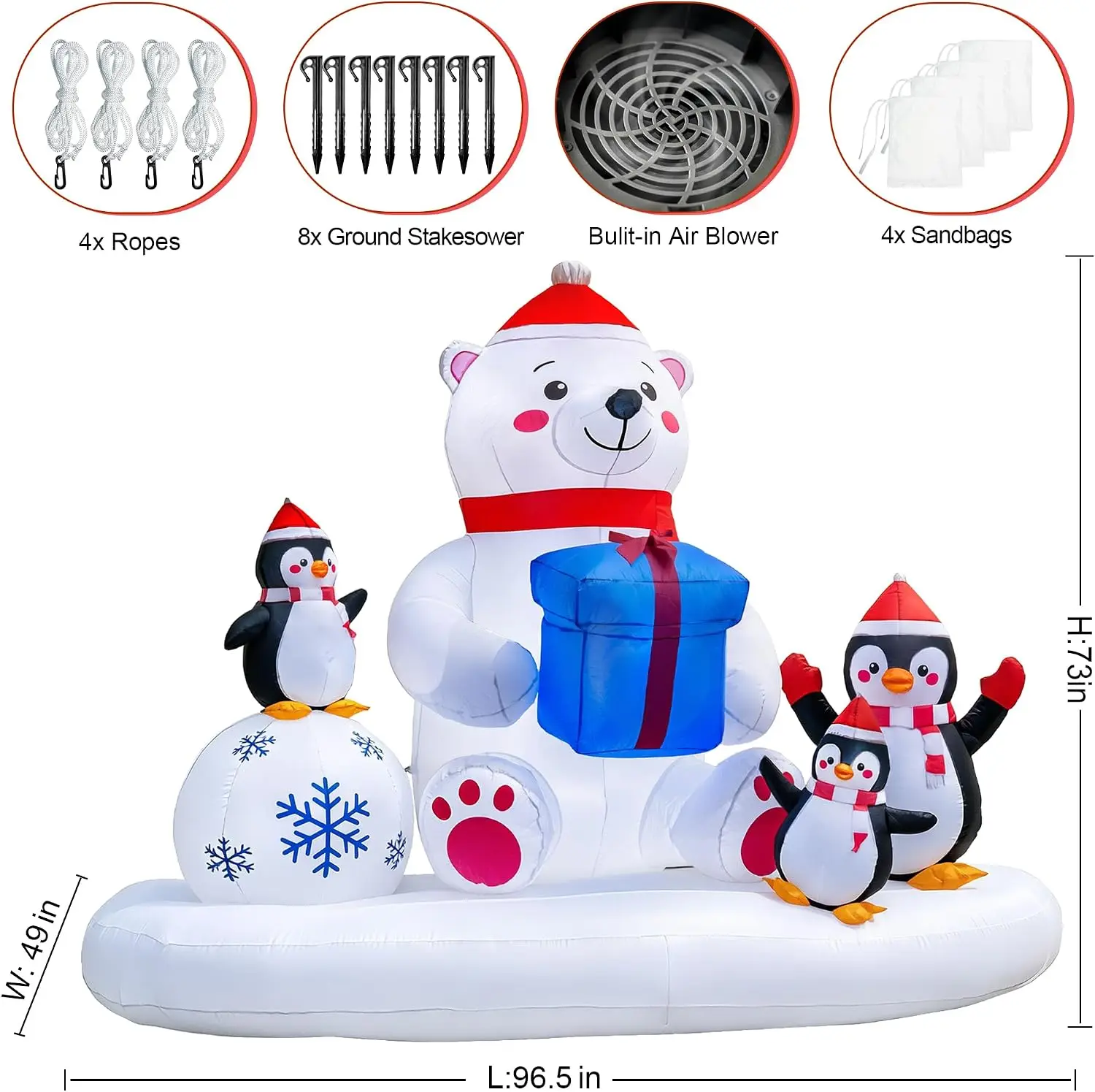 8-Foot Christmas Inflatable Polar Bear Decoration Including Three Penguins and a Snowball