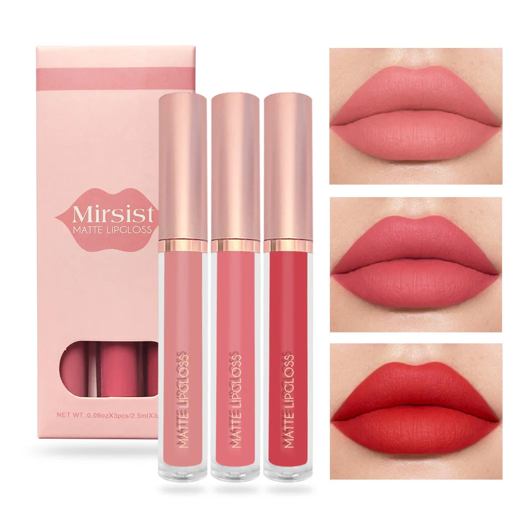 3Pcs Velvet Matte Lip Gloss Set Non-stick Cup Long Lasting Fadeless Lip Glaze Kit Daily Lip Makeup For Women