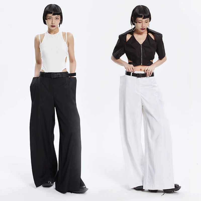 

Casual High Waist Wide Leg Pants Women's Unique Design Splicing 3D Slit Trousers Female Fashion Summer Regular Thickness