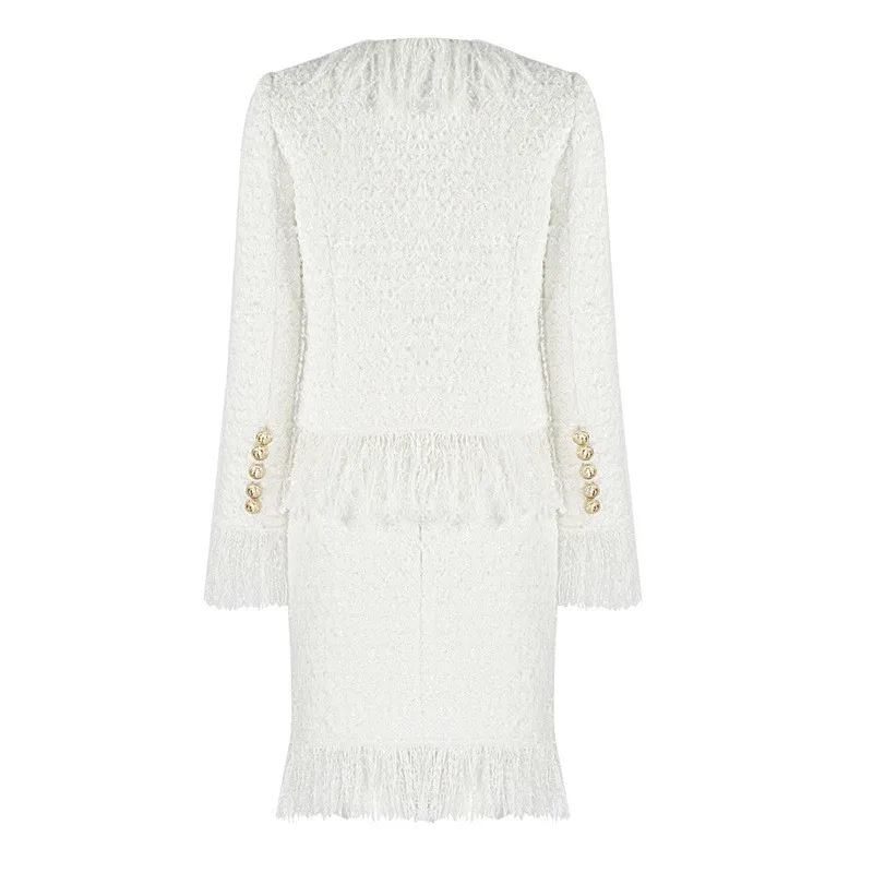 Women Tweed Two Piece Set Fringe Tassel Blazer Jacket+Bodycon Mini Skirt Suit Gold Button French Elegant Office Party Outfit Whi