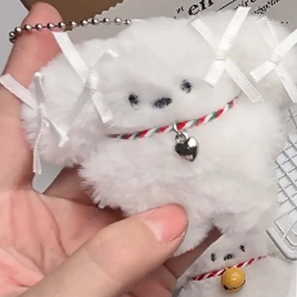 Squeak White Dog Plush Keychain Small Bell Stuffed Plush Doll Pendant Bow Cartoon Puppy Plush Keyring Christmas Gift