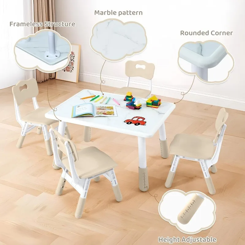 Toddler Table and 4 Chairs Set, Height Adjustable Kids Table and Chair Set, 31.5''L x 23.6''W, Marble Pattern