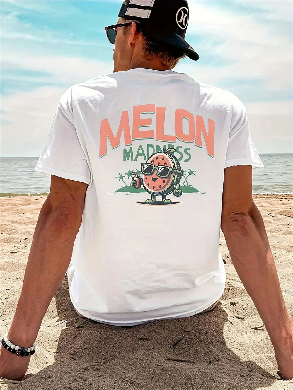 

2025 забавная мужская футболка с рисунком арбуза MELON MADNESS, летняя пляжная футболка с мультяшным принтом для мужчин и женщин, повседневная уличная одежда, топ