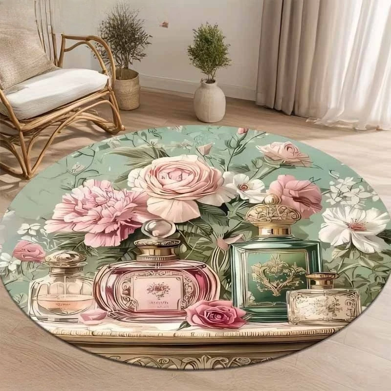 Elegant Retro Flower Perfume Vase Print Circular Rug  Romantic Pastel Floral Round Area Rug for Bedroom Vanity