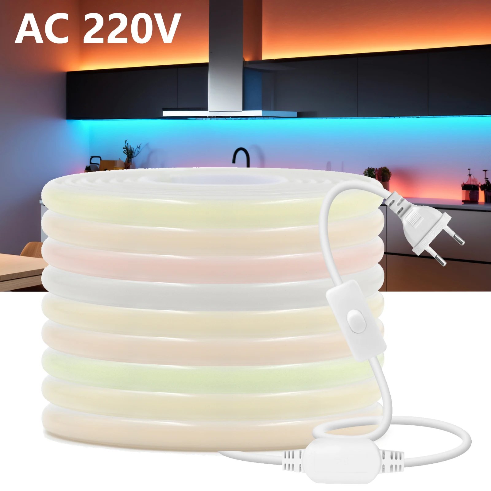 220V COB LED Strip Lights 288LEDs/m White Red Green Blue Yellow Pink Purple Waterproof LED Strip with Switch and Plug 0.5m-30m