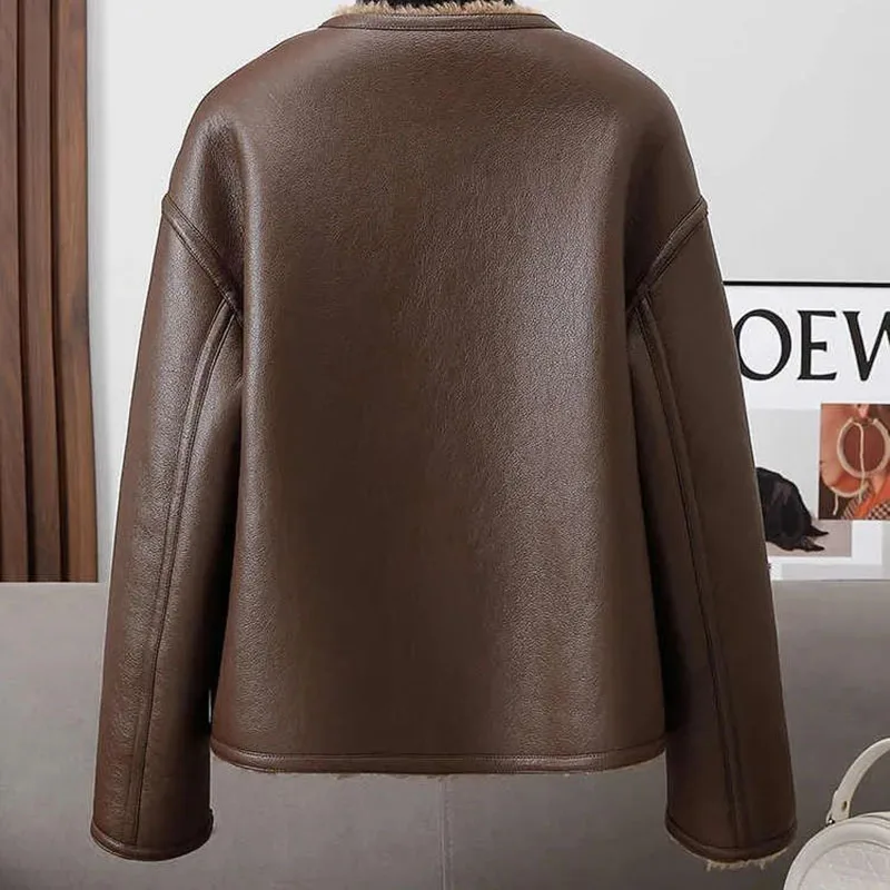 البني س الرقبة الخريف الشتاء سترة المرأة الفراء الربط بولي معطف معطف جلد كم طويل واحدة الصدر ملابس خارجية دافئة #3