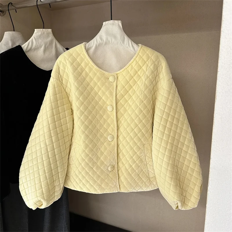 Yellow Diamond Grid Velvet Short Jacket Women's Coat Autumn Winter New Loose Cotton Korean Top Bomber Jacket Women Basic Coats