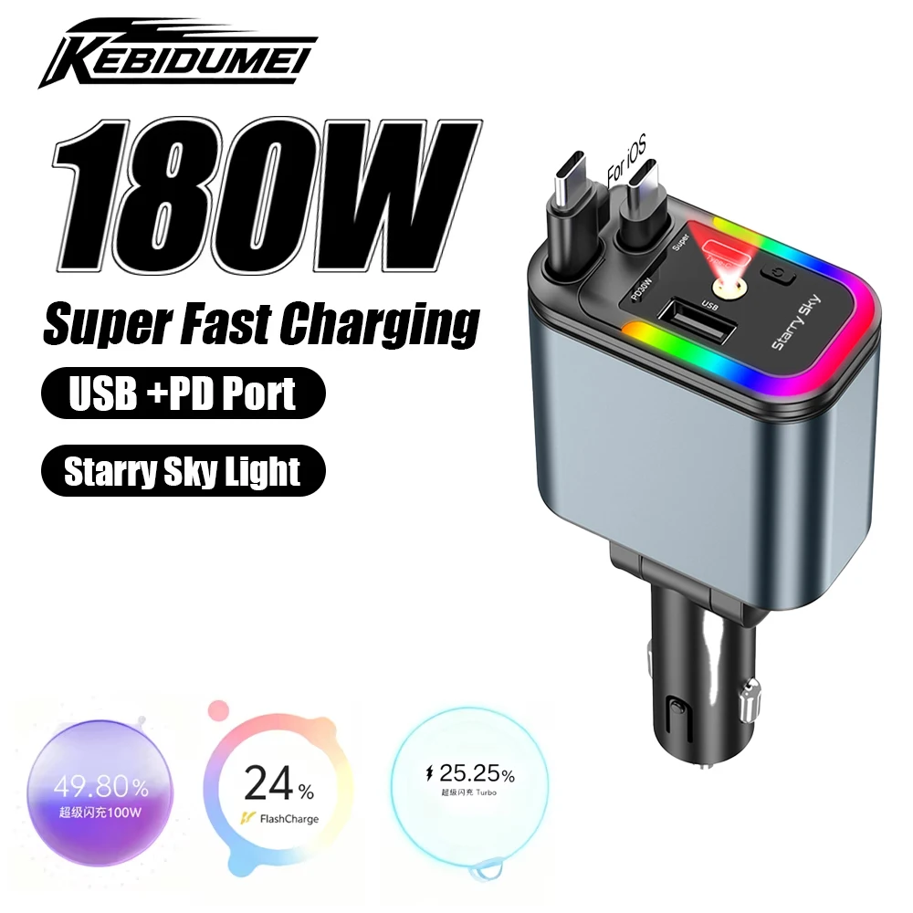 

KEBIDUMEI 5-IN-1 Car Charger with Starry Sky Lamp USB Type-C Fast Charging Power Adapter Cable Retractable 180W Phone Chargers