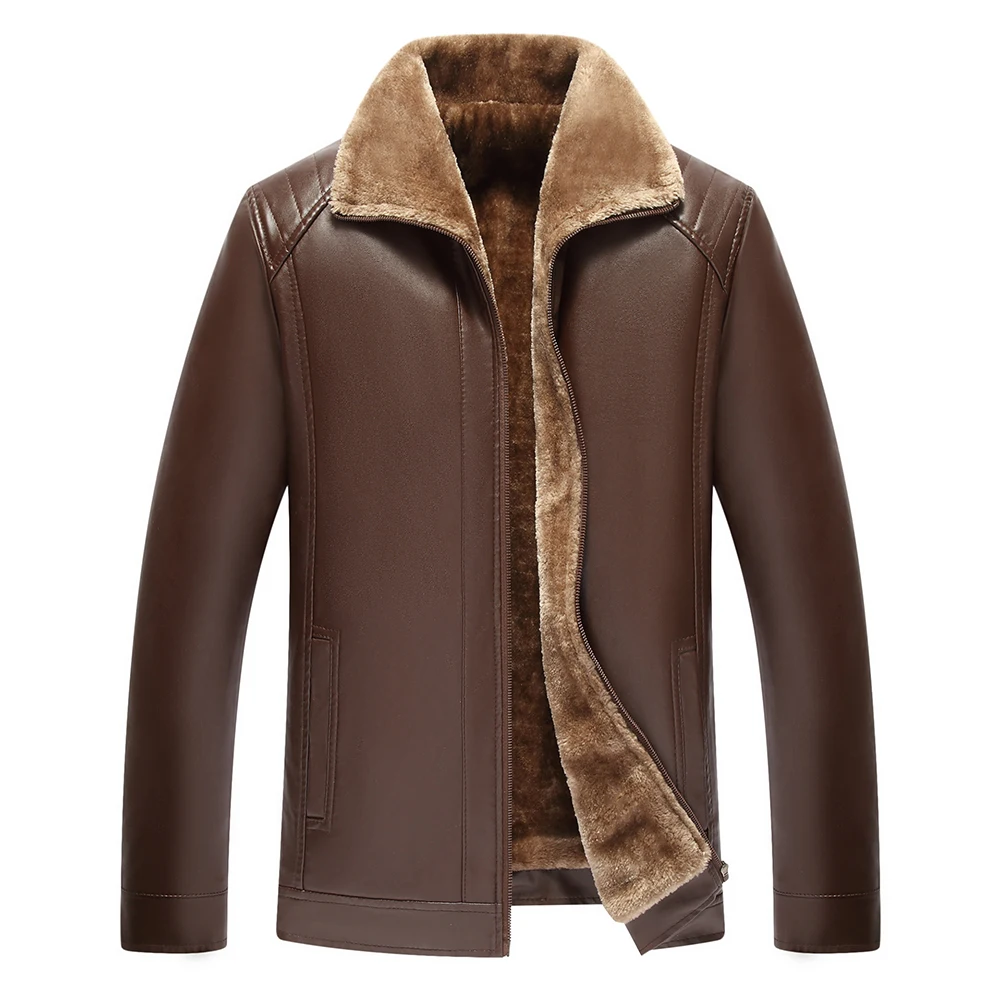 Men's Faux Leather Jacket Thickened Fleece Lined Retro Lapel Coat Casual Outerwear For Spring Autumn Winter
