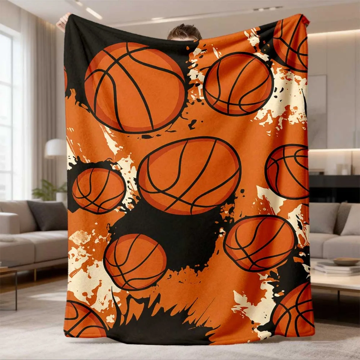 Cool Sports Aesthetic Basketball Throw Blanket Fiery Crack Motif Bedding Warm Office Nap Accent Quilt Gift Decor