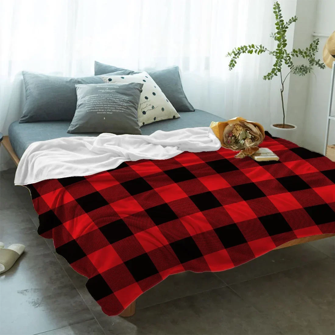 Red Black Checkered Plaid Geometric Bedspread Bed Cover Coverlet Blanket Throws Cover Anti-Static Reversible All-Season Deep