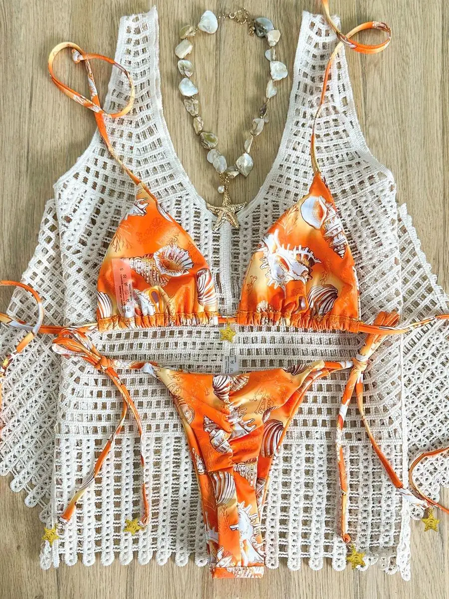 

Womens Printed Halter Bikini Set With Metal Decor Spring Summer