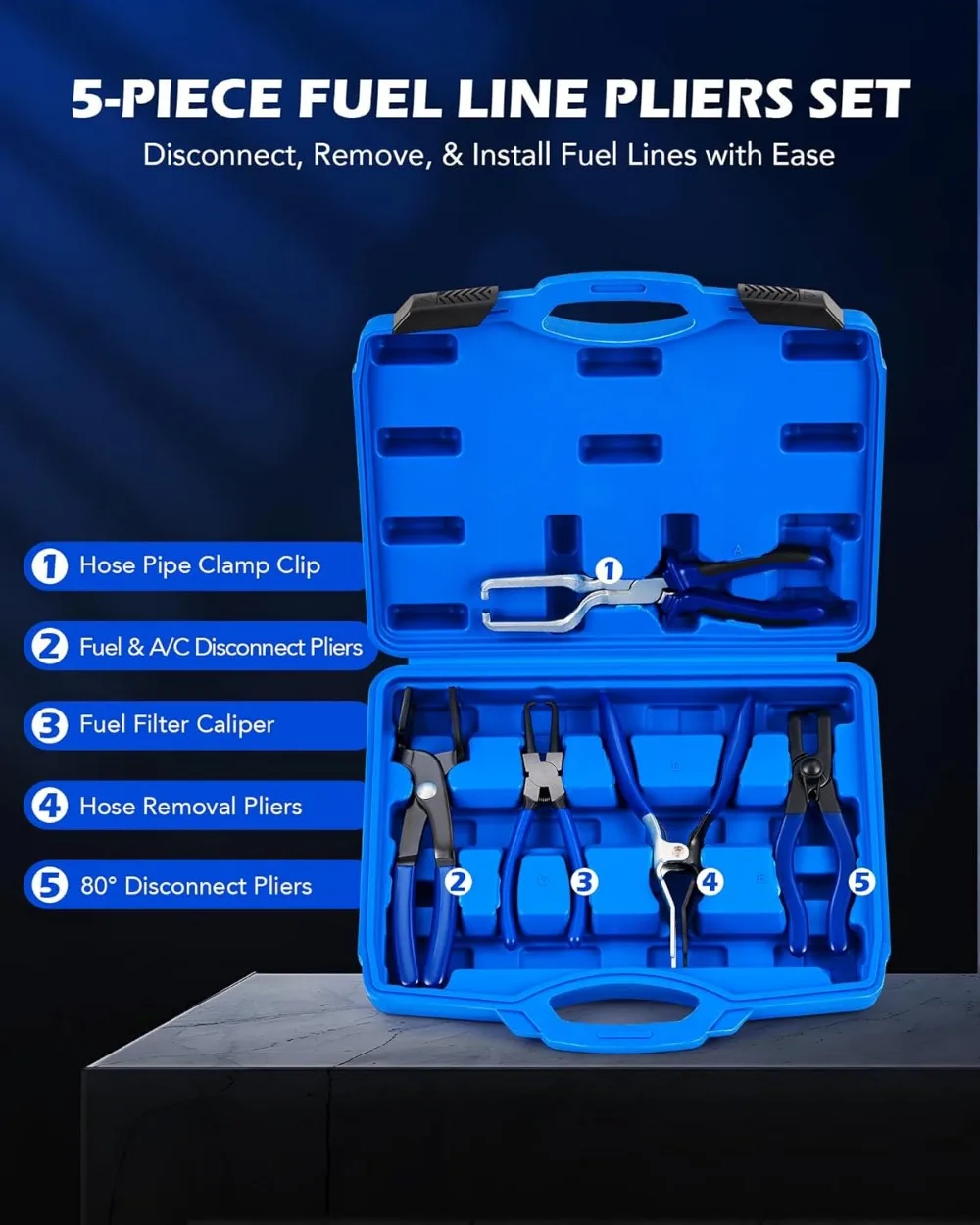 5-Piece Fuel Line Pliers Set with Hose Clamp and Filter Caliper for Auto AC and Pipe Repairs