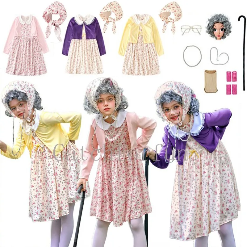 

Костюм маленькой бабушки для девочек, костюм старушки, бабушки, 100-дневное школьное нарядное платье для детей