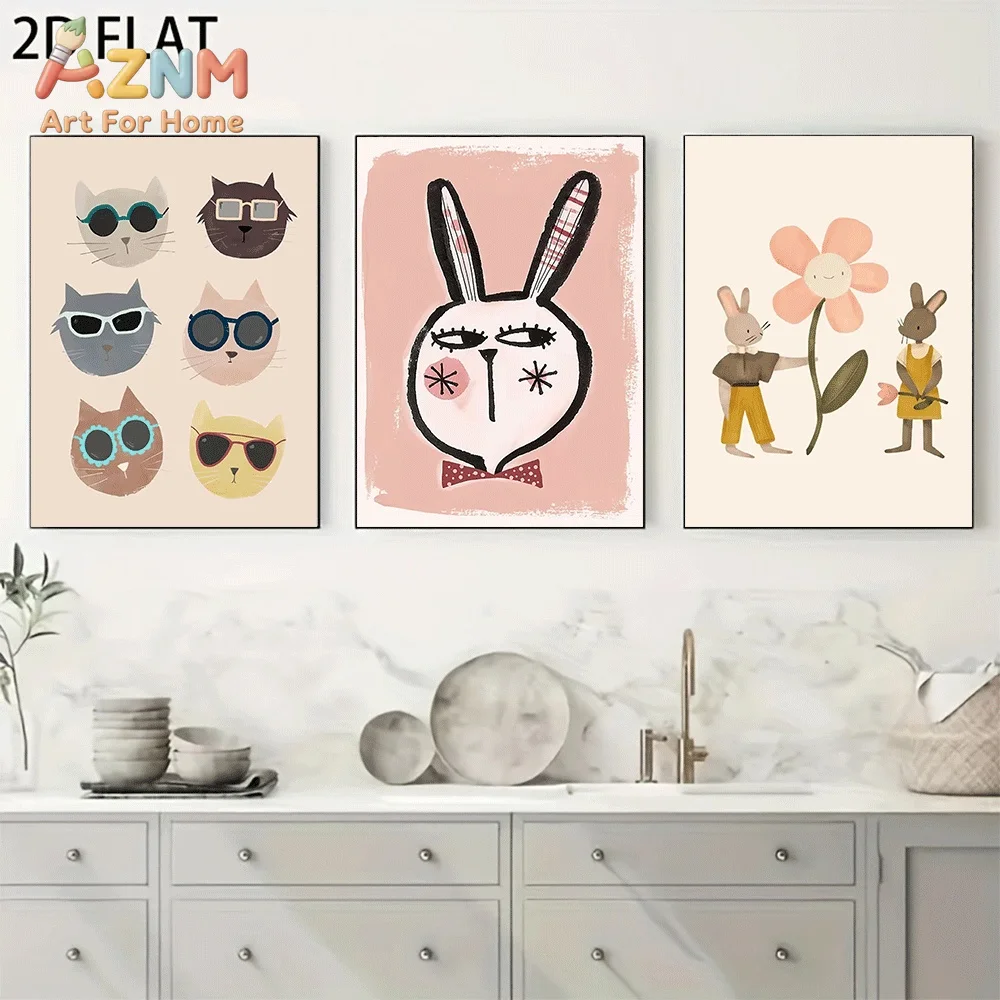 AZNM Cartoon Cool Cat With Sunglasses Rabbit Flower Canvas Wall Art, Boho Cute Animal Hand‑drawn Style Print Painting for Baby N